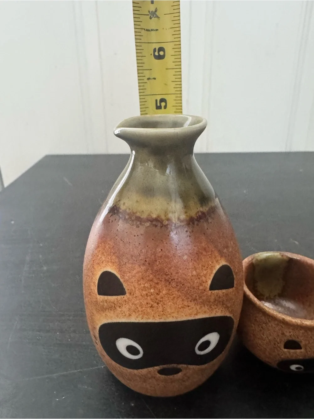 Set of 3 PCS. Japanese Porcelain Sake Bottle & Cups Tanuki Raccoon Made in Japan